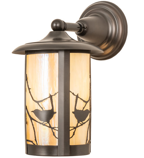 Meyda Lighting Fulton 8" Craftsman Brown Song Bird Solid Mount Wall Sconce With Beige Iridescent Shade Glass