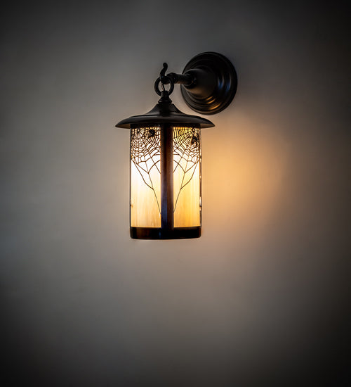 Meyda Lighting Fulton 8" Craftsman Brown Spider Web Hanging Wall Sconce With Beige Iridescent Shade Glass