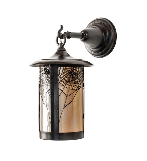 Meyda Lighting Fulton 8" Craftsman Brown Spider Web Hanging Wall Sconce With Beige Iridescent Shade Glass