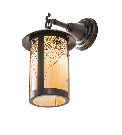 Meyda Lighting Fulton 8" Craftsman Brown Spider Web Hanging Wall Sconce With Beige Iridescent Shade Glass