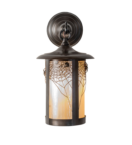 Meyda Lighting Fulton 8" Craftsman Brown Spider Web Hanging Wall Sconce With Beige Iridescent Shade Glass