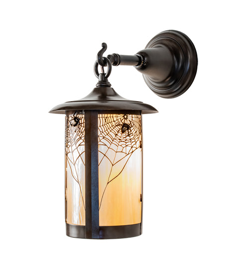 Meyda Lighting Fulton 8" Craftsman Brown Spider Web Hanging Wall Sconce With Beige Iridescent Shade Glass
