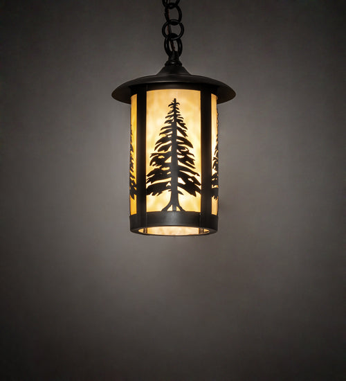 Meyda Lighting Fulton 8" Craftsman Brown Tall Pines Mini Pendant Light With Beige Shade Glass