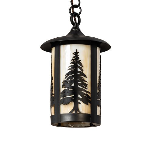 Meyda Lighting Fulton 8" Craftsman Brown Tall Pines Mini Pendant Light With Beige Shade Glass