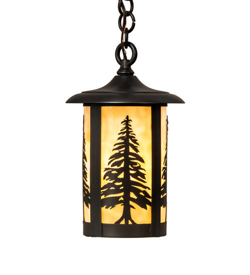 Meyda Lighting Fulton 8" Craftsman Brown Tall Pines Mini Pendant Light With Beige Shade Glass