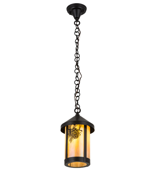 Meyda Lighting Fulton 8" Craftsman Brown Winter Pine Pendant Light With Beige Iridescent Art Shade Glass