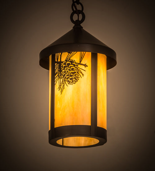 Meyda Lighting Fulton 8" Craftsman Brown Winter Pine Pendant Light With Beige Iridescent Art Shade Glass