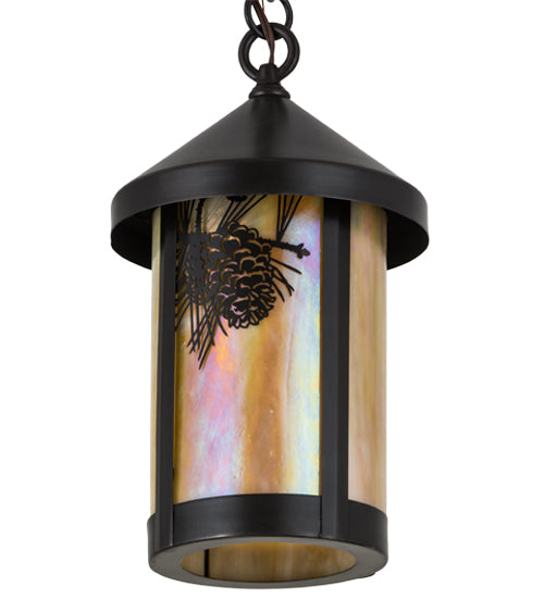 Meyda Lighting Fulton 8" Craftsman Brown Winter Pine Pendant Light With Beige Iridescent Art Shade Glass