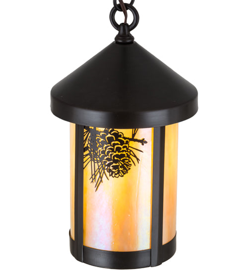 Meyda Lighting Fulton 8" Craftsman Brown Winter Pine Pendant Light With Beige Iridescent Art Shade Glass