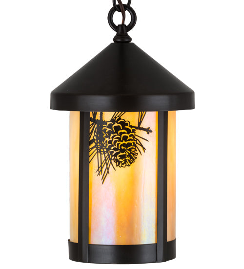 Meyda Lighting Fulton 8" Craftsman Brown Winter Pine Pendant Light With Beige Iridescent Art Shade Glass