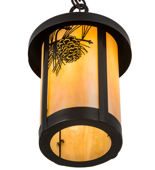 Meyda Lighting Fulton 8" Craftsman Brown Winter Pine Pendant Light With Beige Iridescent Art Shade Glass