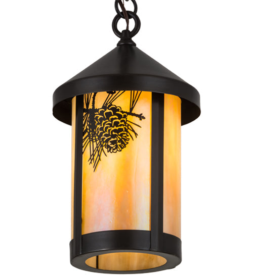 Meyda Lighting Fulton 8" Craftsman Brown Winter Pine Pendant Light With Beige Iridescent Art Shade Glass