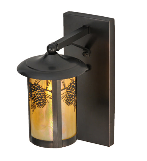 Meyda Lighting Fulton 8" Craftsman Brown Winter Pine Solid Mount Wall Sconce With Beige Iridescent Shade Glass