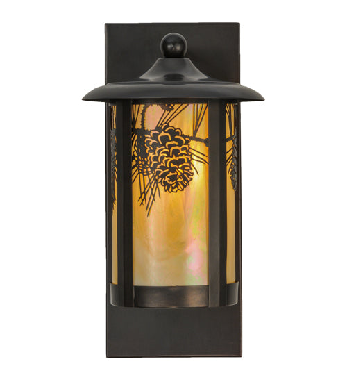 Meyda Lighting Fulton 8" Craftsman Brown Winter Pine Solid Mount Wall Sconce With Beige Iridescent Shade Glass