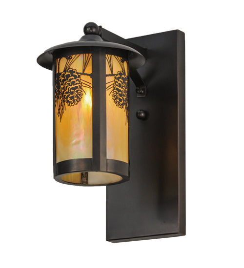 Meyda Lighting Fulton 8" Craftsman Brown Winter Pine Solid Mount Wall Sconce With Beige Iridescent Shade Glass