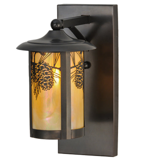 Meyda Lighting Fulton 8" Craftsman Brown Winter Pine Solid Mount Wall Sconce With Beige Iridescent Shade Glass