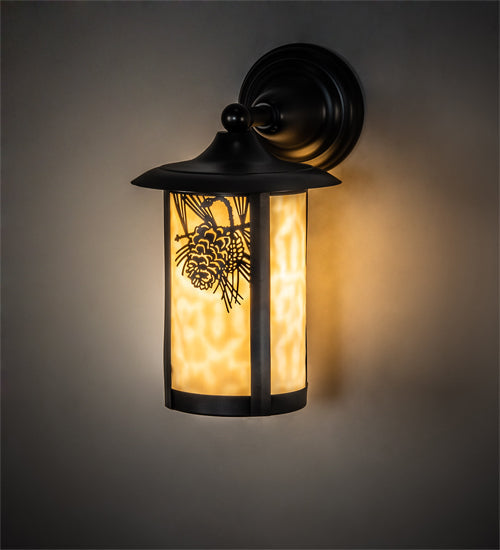 Meyda Lighting Fulton 8" Craftsman Brown Winter Pine Solid Mount Wall Sconce With Beige Shade Glass