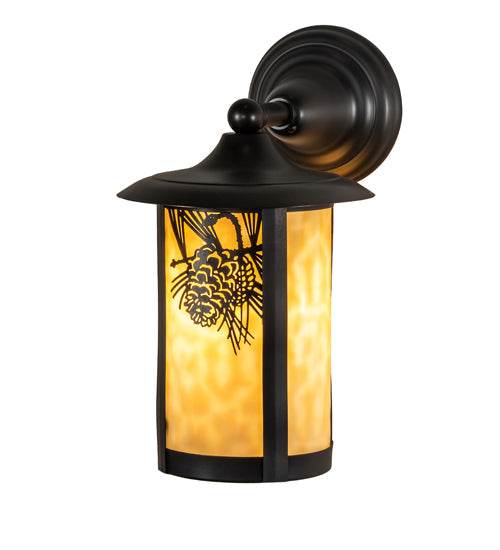 Meyda Lighting Fulton 8" Craftsman Brown Winter Pine Solid Mount Wall Sconce With Beige Shade Glass