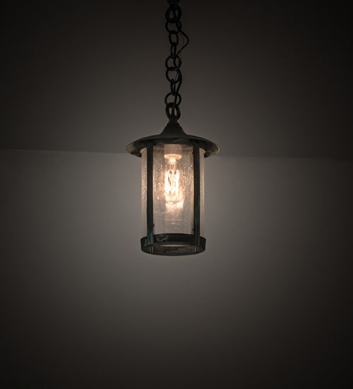Meyda Lighting Fulton 8" Craftsman Verdigris Plain Pendant Light With Clear Seeded Shade Glass