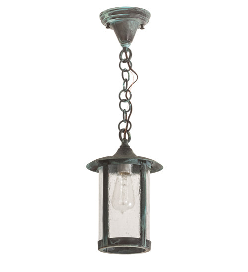Meyda Lighting Fulton 8" Craftsman Verdigris Plain Pendant Light With Clear Seeded Shade Glass