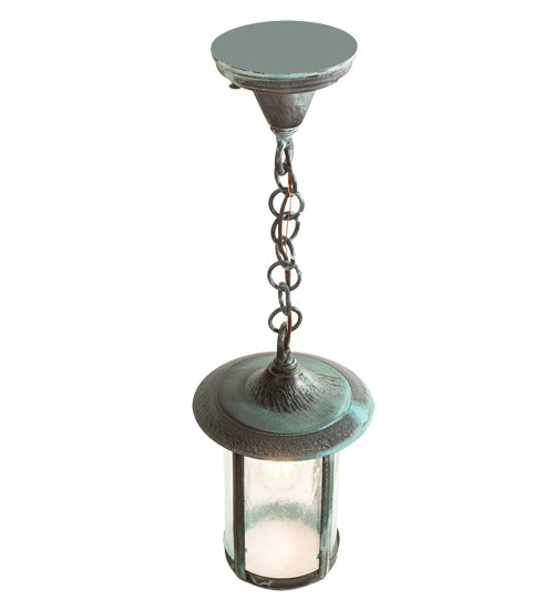 Meyda Lighting Fulton 8" Craftsman Verdigris Plain Pendant Light With Clear Seeded Shade Glass