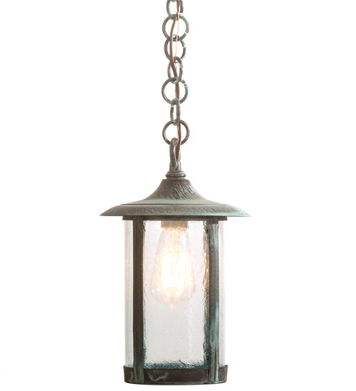 Meyda Lighting Fulton 8" Craftsman Verdigris Plain Pendant Light With Clear Seeded Shade Glass