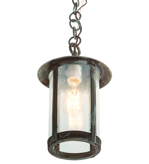 Meyda Lighting Fulton 8" Craftsman Verdigris Plain Pendant Light With Clear Seeded Shade Glass