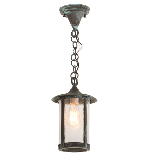 Meyda Lighting Fulton 8" Craftsman Verdigris Plain Pendant Light With Clear Seeded Shade Glass