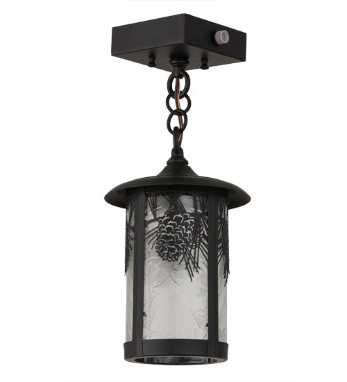 Meyda Lighting Fulton 8" Solar Black Winter Pine Mini Pendant Light With Clear Leaf Shade Glass