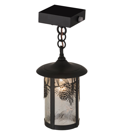 Meyda Lighting Fulton 8" Solar Black Winter Pine Mini Pendant Light With Clear Leaf Shade Glass