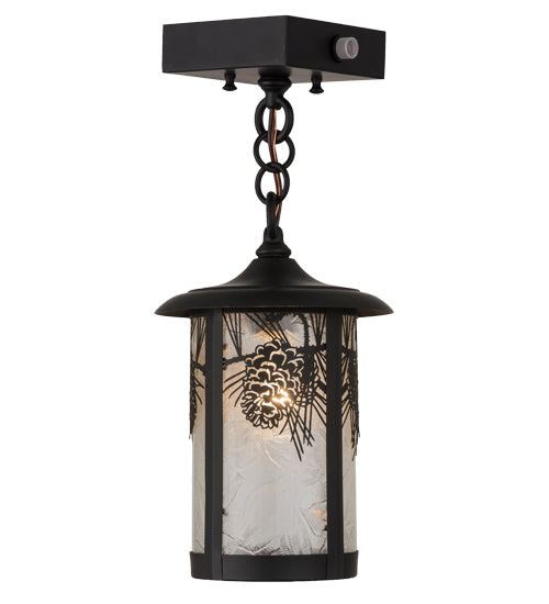 Meyda Lighting Fulton 8" Solar Black Winter Pine Mini Pendant Light With Clear Leaf Shade Glass