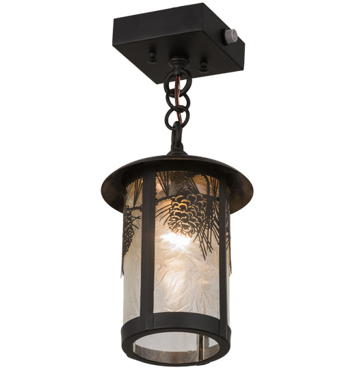 Meyda Lighting Fulton 8" Solar Black Winter Pine Mini Pendant Light With Clear Leaf Shade Glass