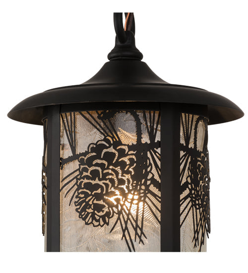 Meyda Lighting Fulton 8" Solar Black Winter Pine Mini Pendant Light With Clear Leaf Shade Glass