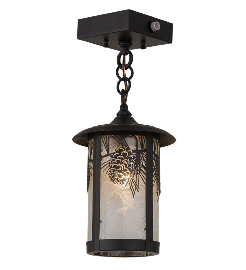 Meyda Lighting Fulton 8" Solar Black Winter Pine Mini Pendant Light With Clear Leaf Shade Glass