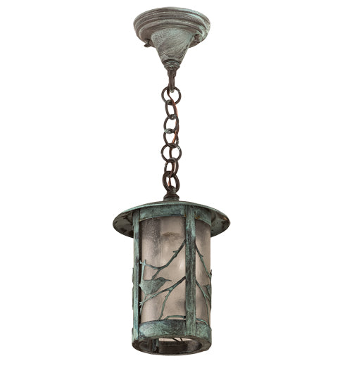 Meyda Lighting Fulton 8" Verdigris Song Bird Mini Pendant Light With Clear Seeded Shade Glass