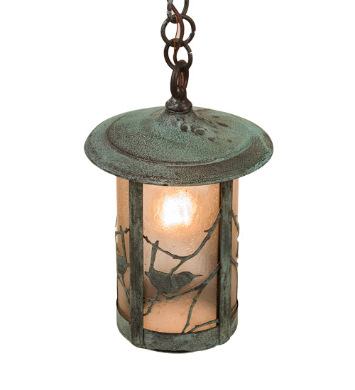 Meyda Lighting Fulton 8" Verdigris Song Bird Mini Pendant Light With Clear Seeded Shade Glass