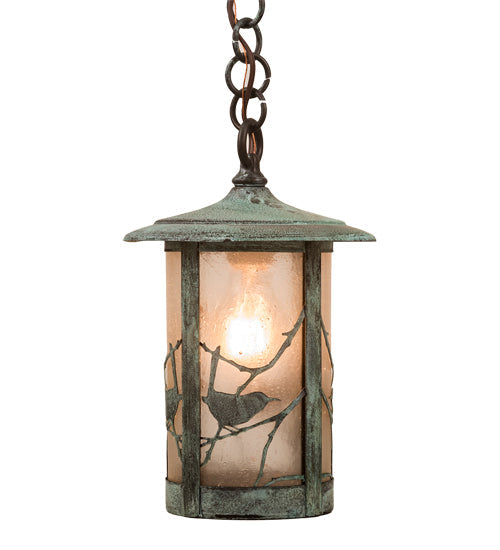 Meyda Lighting Fulton 8" Verdigris Song Bird Mini Pendant Light With Clear Seeded Shade Glass