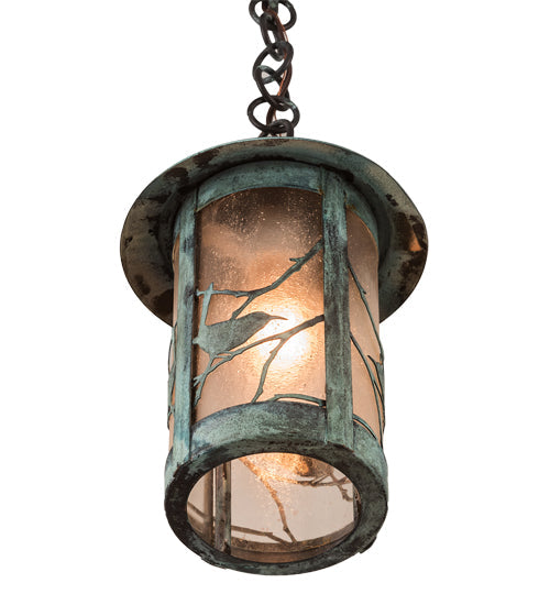 Meyda Lighting Fulton 8" Verdigris Song Bird Mini Pendant Light With Clear Seeded Shade Glass