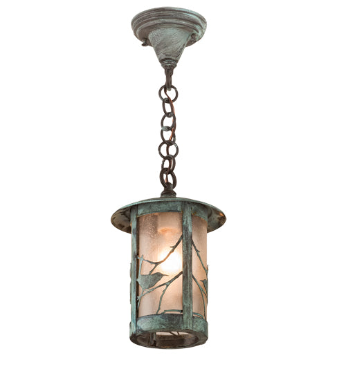Meyda Lighting Fulton 8" Verdigris Song Bird Mini Pendant Light With Clear Seeded Shade Glass