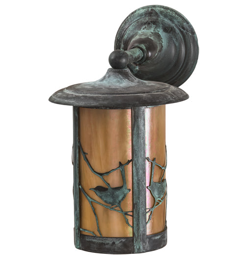 Meyda Lighting Fulton 8" Verdigris Song Bird Solid Mount Wall Sconce With Beige Iridescent Art Shade Glass