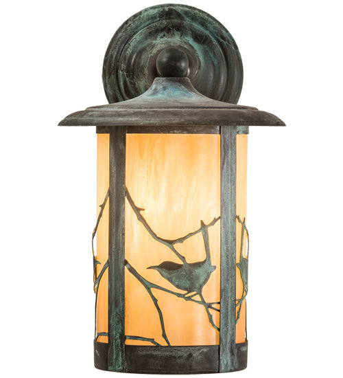 Meyda Lighting Fulton 8" Verdigris Song Bird Solid Mount Wall Sconce With Beige Iridescent Art Shade Glass