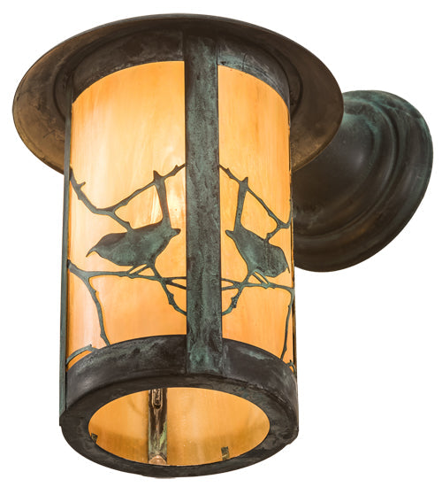 Meyda Lighting Fulton 8" Verdigris Song Bird Solid Mount Wall Sconce With Beige Iridescent Art Shade Glass