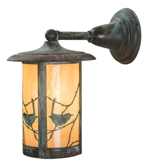 Meyda Lighting Fulton 8" Verdigris Song Bird Solid Mount Wall Sconce With Beige Iridescent Art Shade Glass