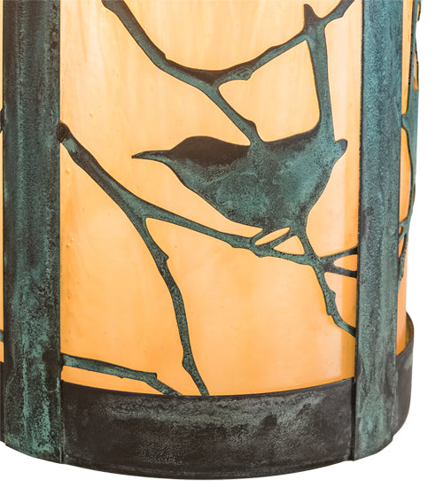 Meyda Lighting Fulton 8" Verdigris Song Bird Solid Mount Wall Sconce With Beige Iridescent Art Shade Glass