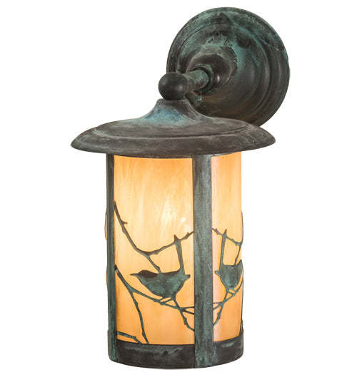 Meyda Lighting Fulton 8" Verdigris Song Bird Solid Mount Wall Sconce With Beige Iridescent Art Shade Glass