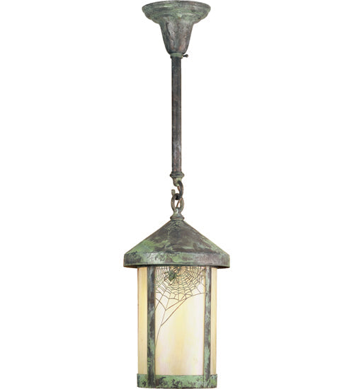 Meyda Lighting Fulton 8" Verdigris Spider Web Mini Pendant Light With Beige Iridescent Shade Glass