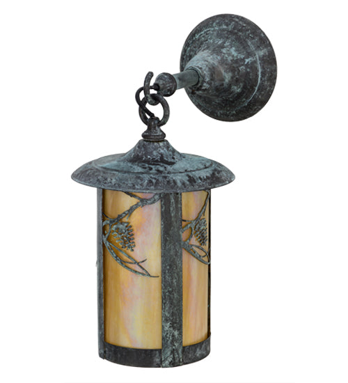 Meyda Lighting Fulton 8" Verdigris Whispering Pines Hanging Wall Sconce With Beige Iridescent Shade Glass