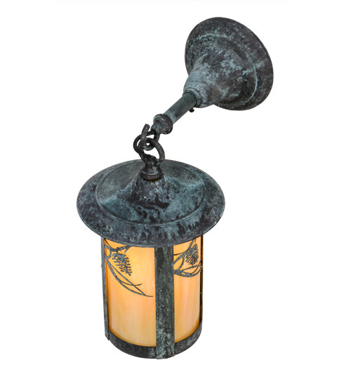Meyda Lighting Fulton 8" Verdigris Whispering Pines Hanging Wall Sconce With Beige Iridescent Shade Glass