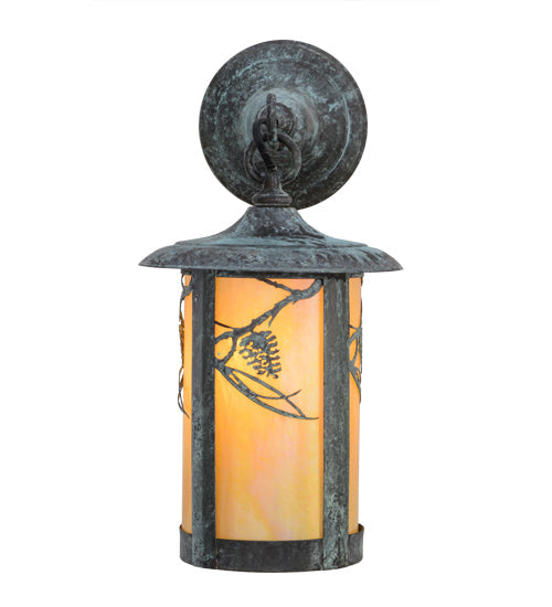 Meyda Lighting Fulton 8" Verdigris Whispering Pines Hanging Wall Sconce With Beige Iridescent Shade Glass