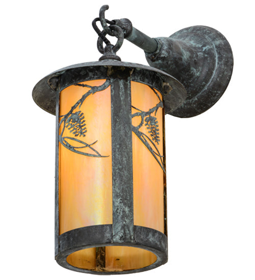 Meyda Lighting Fulton 8" Verdigris Whispering Pines Hanging Wall Sconce With Beige Iridescent Shade Glass